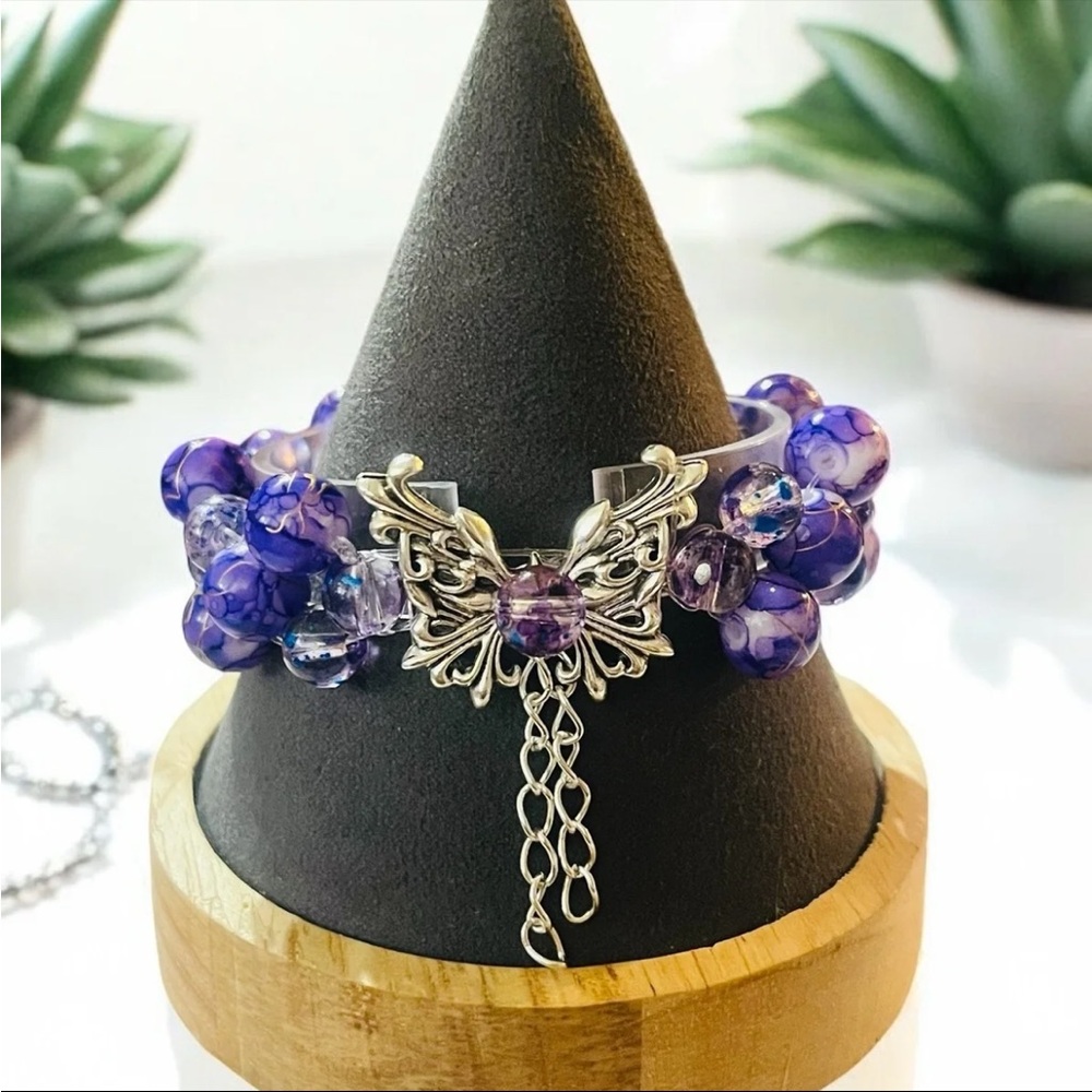 Striped 3 Layer Purple Stretch Glass Bead Silver Butterfly Bracelet for Women